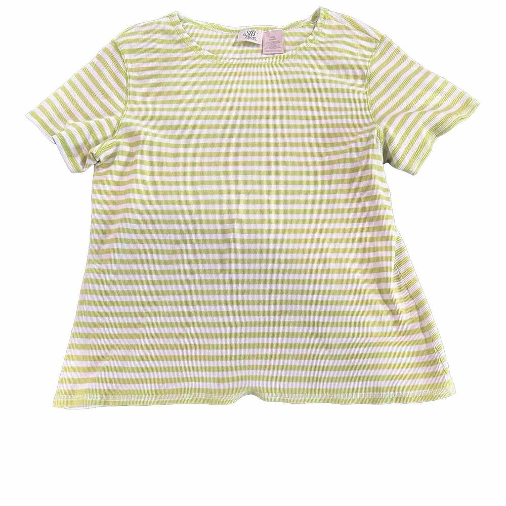 Vintage SJB Sport Womens Boxy Cotton T Shirt Green Stripe  Size Large Crewneck